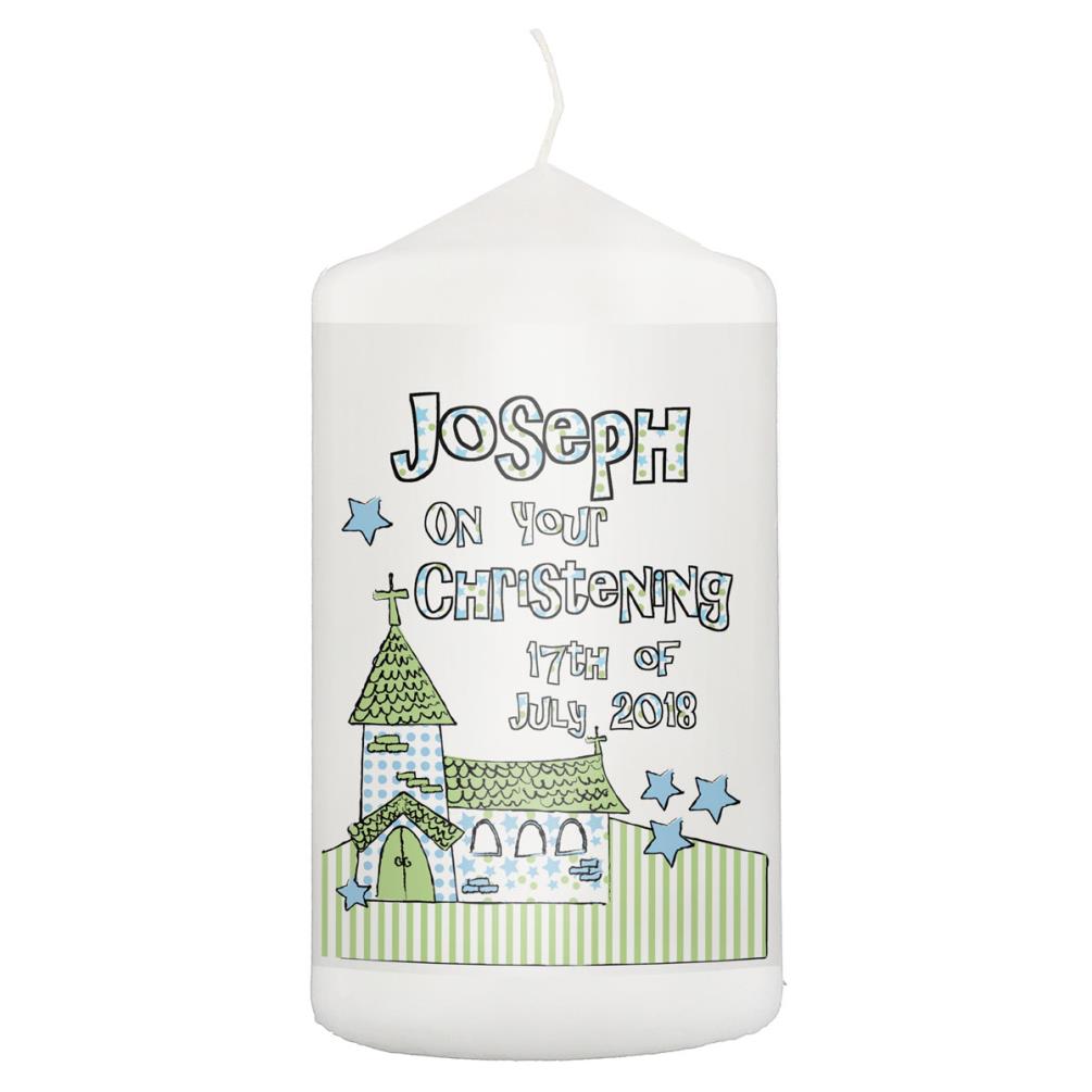 Personalised Blue Church Pillar  Candle £11.69